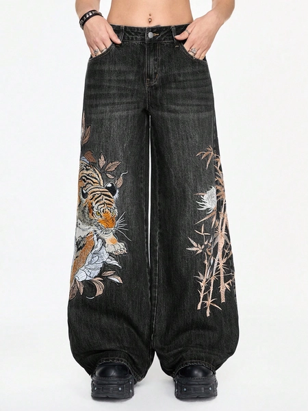 ROMWE Grunge Punk Spring/Summer Casual Graphic Black Unisex Vintage Street-Style Chinese Tiger & Floral Embroidery Loose Wide-Leg Low Waist Jeans
