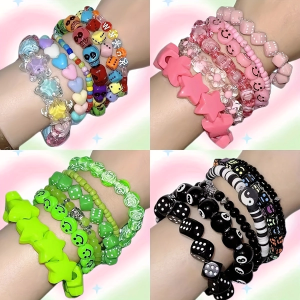 6pcs of Amino Outfit Accessories, INS Spicy Harajuku Millennium Y2K Candy Color Fluorescent Star Heart Bracelets for Women.