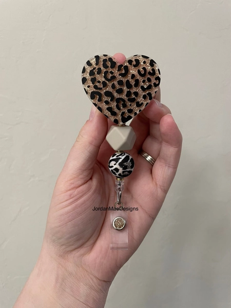 Cheetah Heart Badge Reel | Beaded Badge Reel | HIGH QUALITY | Nursing Badge Reel | Leopard Badge Reel | Retractable Leopard Badge Reel |