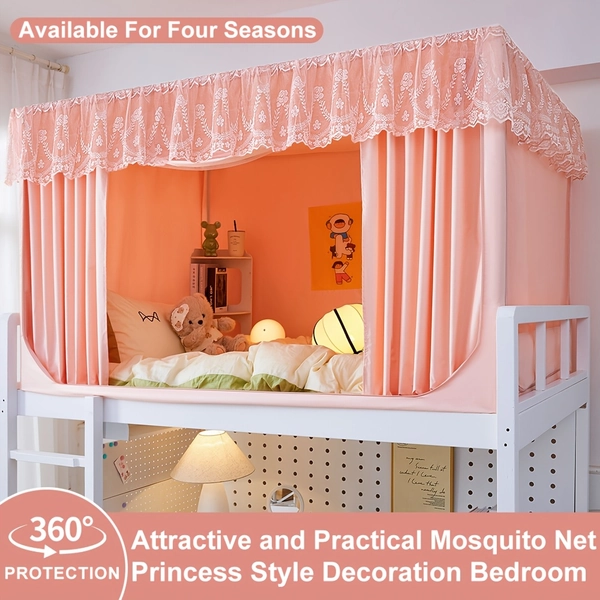 Foldable Mosquito Net with Silent Sliding Rails, Double-End Zipper and Bottom Retract Design. No Electricity Required; Includes Painted Stand & Blackout Bed Curtain for Enhanced Light Blocking – Ideal Protection in Dorm Rooms or Lofts (Great Gift)