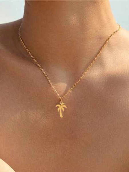 1 pezzo Collana con pendente ad albero di cocco in acciaio inossidabile, adatta per le donne per uso quotidiano e spiaggia in vacanza