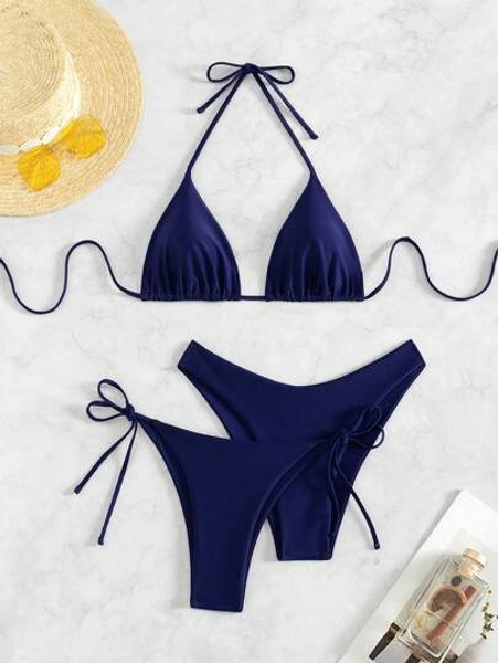 SHEIN Swim 3pcs Women's Solid Color Halter Halter Sexy Bikini Set For Summer Beach, Including Separated Bikini Set