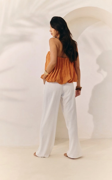 White Linen Blend Drawstring Tie Straight Leg Pants