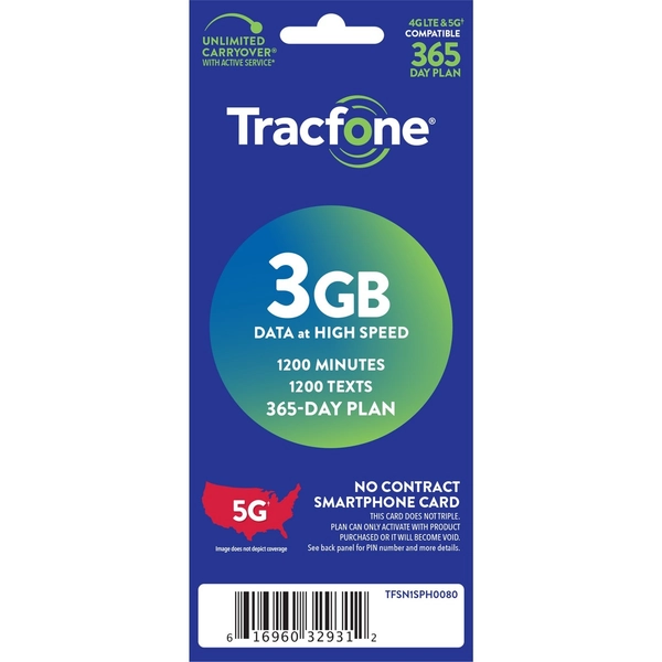 Tracfone $60 1200 Min, 1200 text, 3 GB Data 365–Day Plan [Physical Delivery]