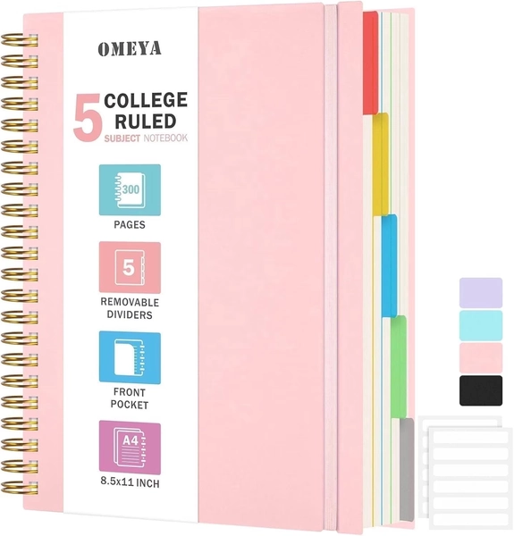 OMEYA 5 Subject Notebooks College Ruled, Spiral Notebook 8.5 x 11in with Dividers, 300 Pages 100GSM Thick Spiral Writing Journal for Women & Men, Large A4 Lined Journal for Work, Campus - Walmart.com