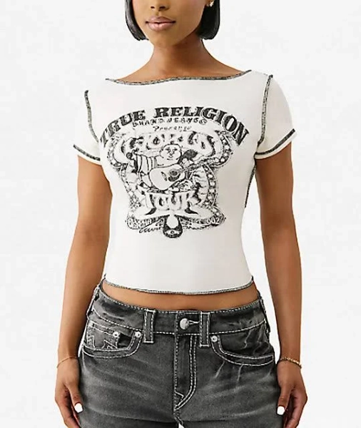 True Religion Heritage White Slash Neck Crop T-Shirt