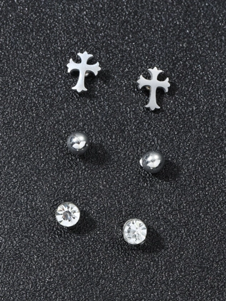 3pairs Men Cross & Rhinestone Design Stud Earrings