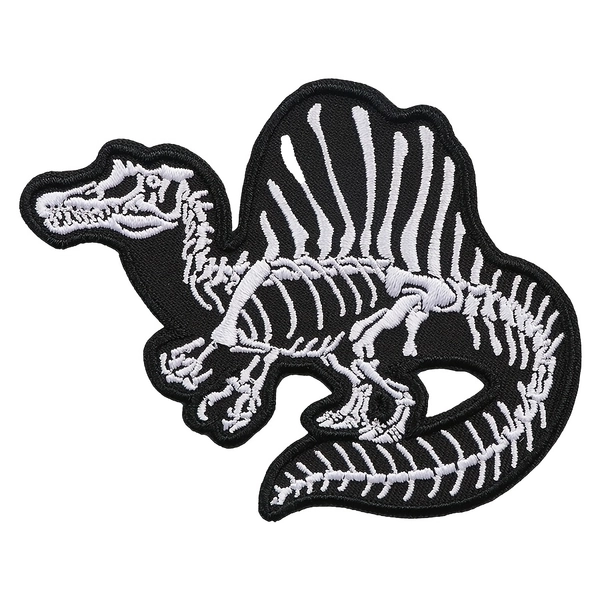 1pc Spinosaurus Fossil Skeleton Embroidery Patch, Museum Specimen Dinosaur Anatomy Iron on Sew on Fabric Badge, Black And White Bone Applique for Backpack Hat Jacket Clothing Decoration Gift