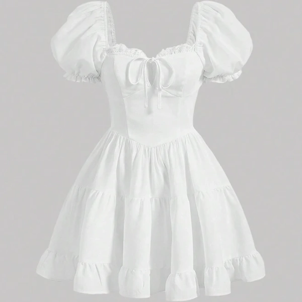SHEIN Puff Sleeve Frill Trim Tie Front Ruffle Hem Dress