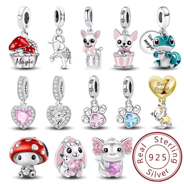Charms aus 925er-Sterlingsilber, Pilz, Katze, Eule, Welpe, Katze, Klaue, Perlen, passend für DIY-Armbänder, Armreifen, Geschenk von hochwertigem Schmuck - AliExpress 