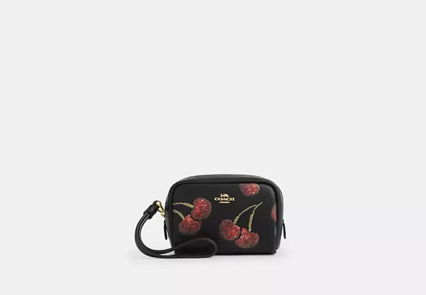 Gold/Black Multi Pouch Wristlet With Cherry Print
