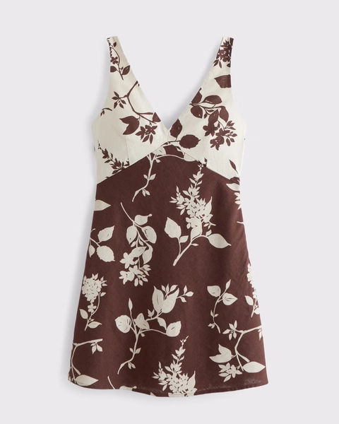 V-Neck Linen-Blend Mini Dress