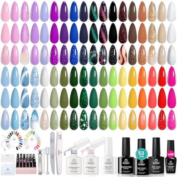 Beetles Summer Gel Nail Polish Set, 53pcs Neon Polish Kit, 36 Colors Green Red Orange Glitter Pastel Cat Eye Uv Gel Polish, All Season Travel Diary Manicure Tools Gift for Women