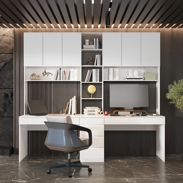 Large Computer Desk/94.5 Inches Length/Bookshelves/Writing Table with Six Drawers And Fifteen Shelves/Modern Office Furniture Set for Two People/Home Offices