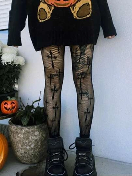 1 Pair Women's Punk Cross Fishnet Thigh High Stockings, Gothic Dark Hollow See-Through Waist-High Sheer Tights