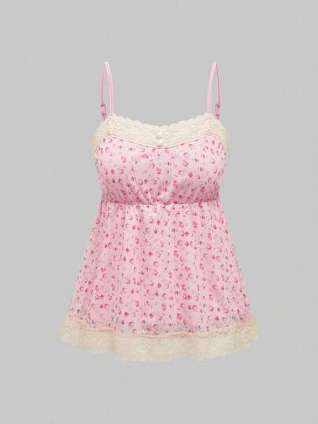 ROMWE Kawaii Women Random Printed Lace Trim Cami Cami Top
