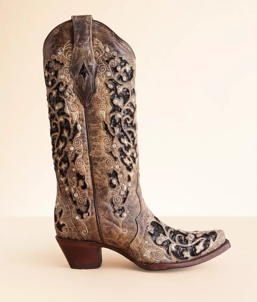 US 9-1/2 LD Brown Sequin Leather Western Boot