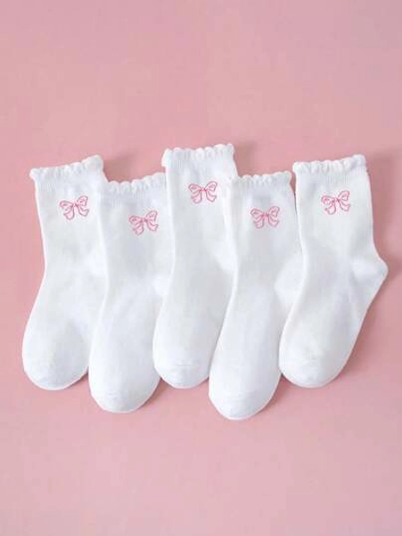5/1 Pair Girls/Kids' Athletic Ruffle Socks, Adorable Bow Design, Fashion , Soft & Breathable Sports/Casual Mid-Calf Socks, Suitable For Student Back To School, Daily Wear, Holiday Gift, Outdoor Travel