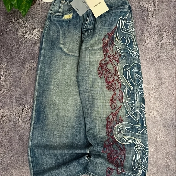 Men's Y2K Vintage Washed Wide Leg Baggy Jeans - Straight Leg Denim Pants with Tribal Flame Print & Mid-Rise Beltless Suitable for Hip Hop Skateboard Streetwear, Casual Outfits, Machine Washable Loose Fit