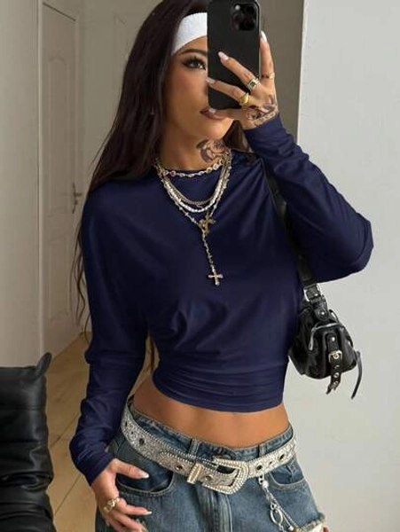 Coolane Women's Fall Minimalist Y2K Basic Daily Wear Casual Back To School Streetwear Stretchy Loose Long Sleeve Ruched Crop Tees,Fall,Fall Clothes For Women
