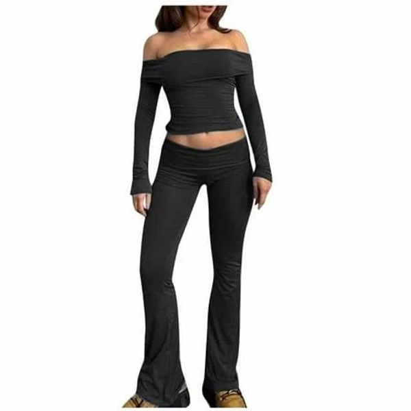 Two Piece Flare Pants Set for Women Going Out Off Shoulder Top and Bell Bottom Leggings Slim Fit Sports Yoga Outfits (Large, Black), Women's