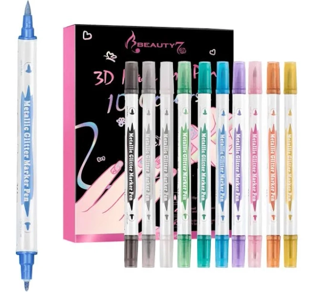 Beauty7 Nail Art Pens Set 10 Color 3D Nail Polish Pens Glitter Dual Tipped Nail Art Pen Drawing Liner Graffiti Dotting Painting Pen Liner Brush for