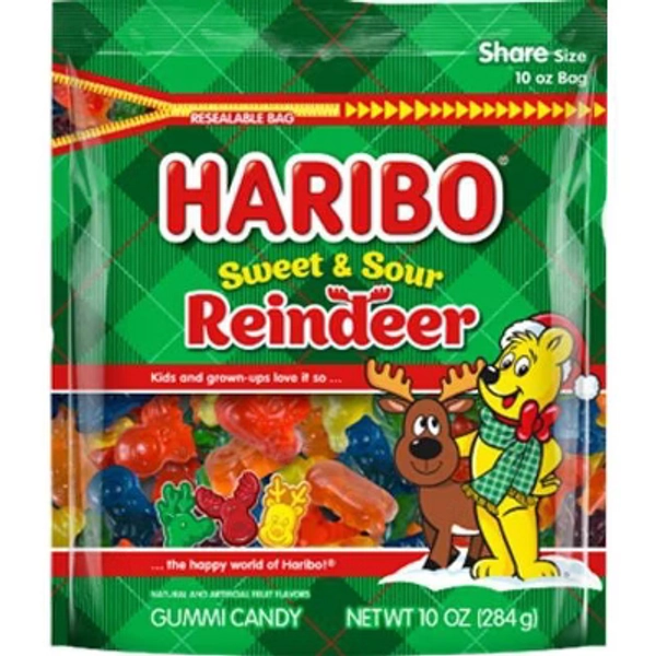 HARIBO Sweet and Sour Christmas Reindeer Gummy Candy Stocking Stuffers - 10oz