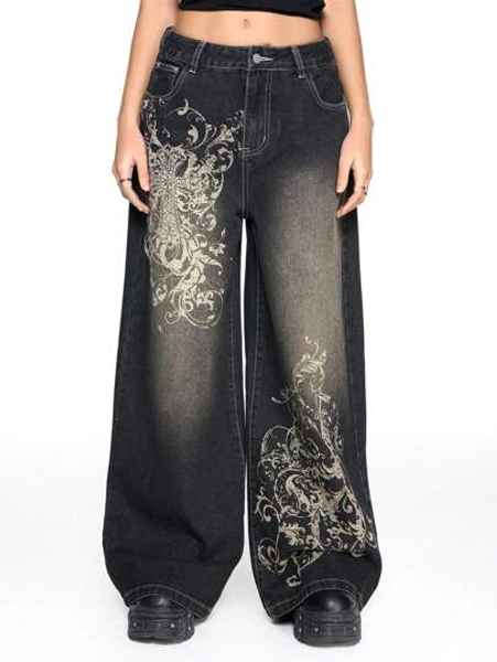 ROMWE Grunge Punk Relaxed Fit Streetwear Grunge Vintage Distressed Oversized Cross & Vine Print Women Low Waist Jeans