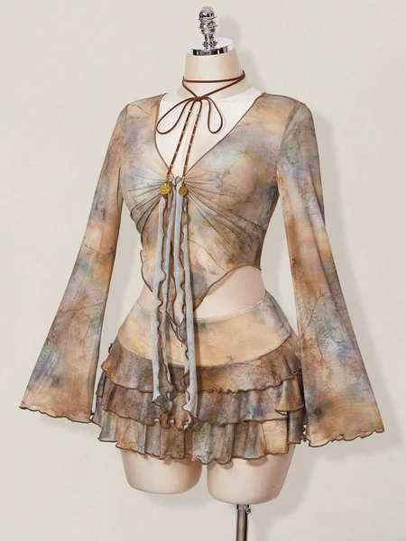 SHEIN ICON Vintage Distressed Print Cardigan Mesh Top & Layered Hem Skirt 2 Piece Set For Women