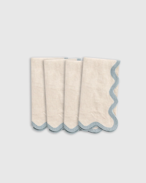 European Linen Scallop Edge Napkins (Set of 4) in Flax/Dusty Blue