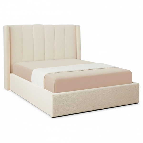 Lit double Magorial avec sommier relevable 140x190cm Tissu bouclette Crème