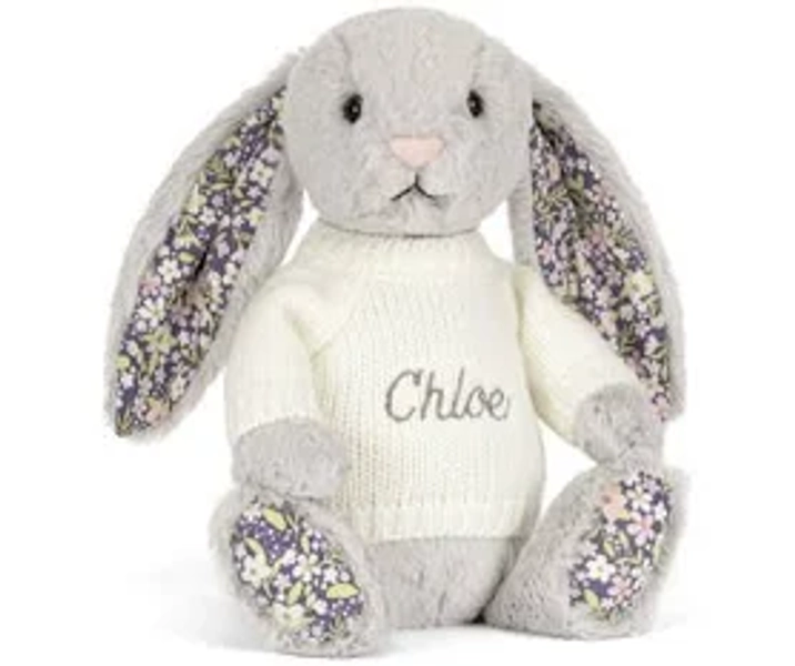 Official Jellycat Blossom Silver Bunny with Personalised Cream Jumper Cuddly Children's Gift
