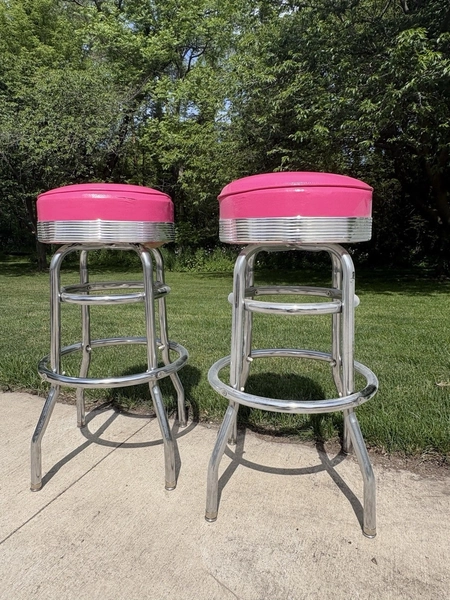 Admiral Set of 2 Pink Swivel Upholstered Barstools, Chrome Metal Frame