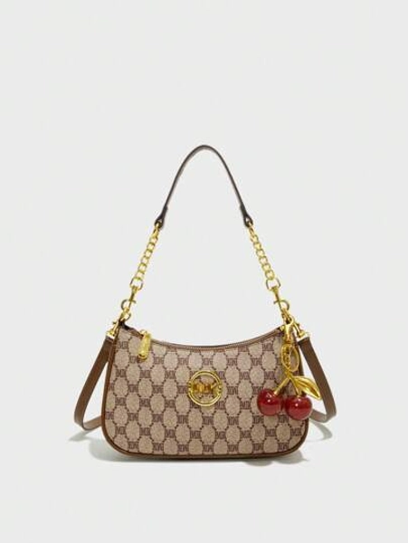 New Fashion Classic Multifunctional PU Waterproof Letter Printed Fabric, Metal Letter Pattern Shoulder Bag With Cherry Pendant Decoration, Metal Chain Decoration Design French Long Stick Bag, Wallet, Mobile Phone Bag, Business Commuting Bag, Suitable For Women's Shopping Shoulder Bag. Commuting, Traveling, And Shopping Use