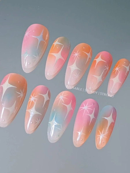 Premium Rainbow Stars | Durable Press On Nails | Summer Nails | Celestial Nails | Reusable Nails | xwj192