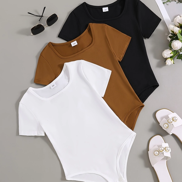 3pcs Girls' Clothing Set: French-Style Square Neck Short Sleeve Stretch Jumpsuit for Spring, Summer, and Fall - Perfect for Back-to-School, Graduation, Prom, Parties, and Gatherings, Perfect for Outdoor