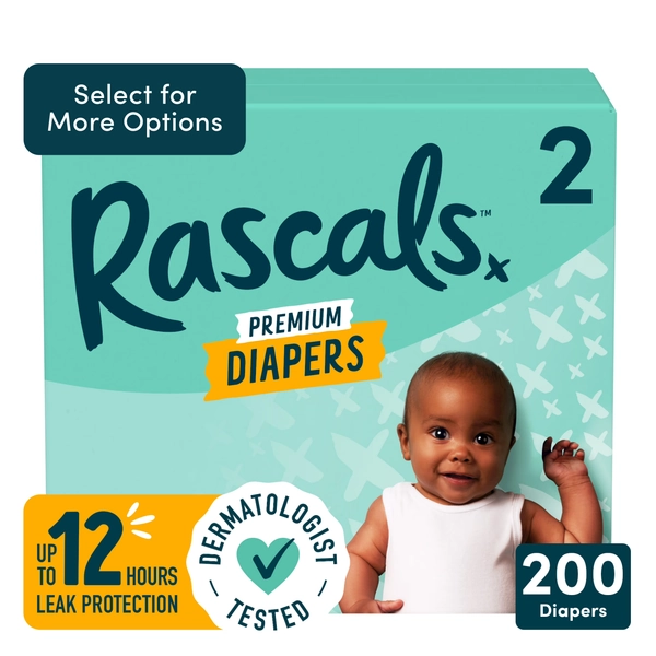 Rascals Premium Absorbent Baby Diapers Size 2, 200 Count