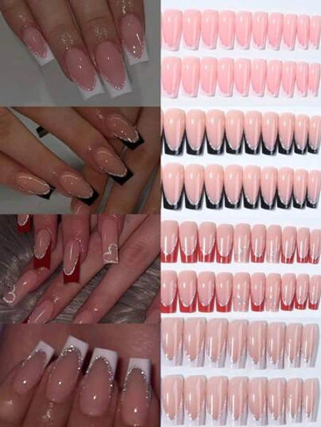 96Pcs(4Mixed) Long Coffin Heart Nails Glitter White French Tip Press On Nails Tips Chic Minimalist Style - Reusable Design Fake Nail,Contain 1Pc Jelly Glue And 1Pc Nail File, Valentine Nails For Women And Girls Daily Life And Party Use Nail Supplies Nails