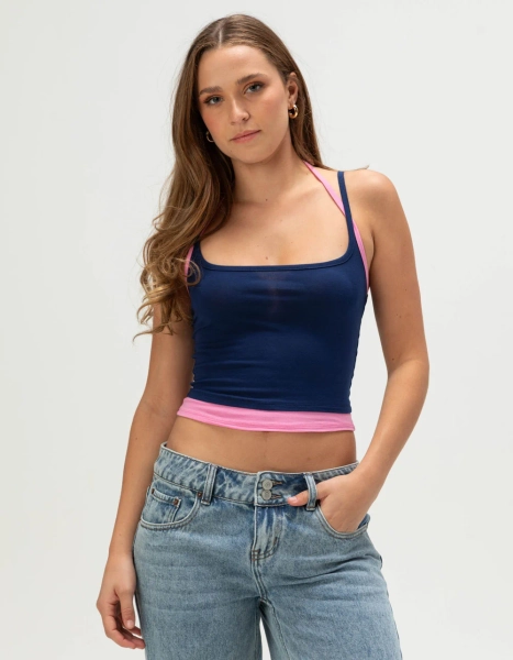 BOZZOLO Womens Double Layer Cami - NAVY COMBO - S