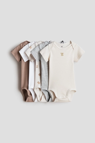 4-6 Months - H & M - 5-pack Cotton Bodysuits - Light Beige/Dogs