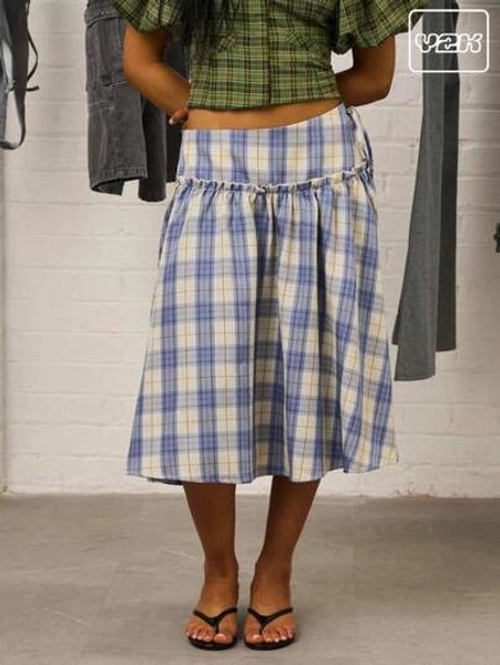 COUREZ Heavy Weight Check Drop Waist Midi Skirt /Summer  Women Clothes Y2K Spring Clothes - Size S