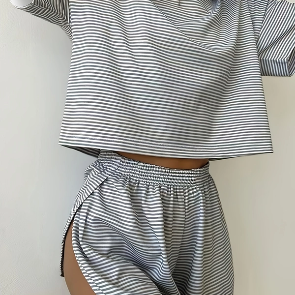 A Two-Piece Set with Gray And White Striped Short Sleeves And Shorts