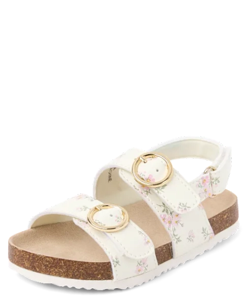 Toddler Girls Floral Buckle Slides - White