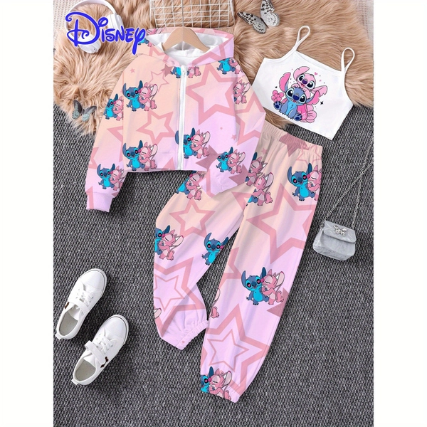 Disney Officially Licensed Autumn/Winter Girls' Stitch Cartoon Print Hooded Cardigan+ Inner Sleeveless Vest+ Pants Set- Soft Breathable Fabric, Casual Sporty School Style, Ideal Gift for Girls Stretchy