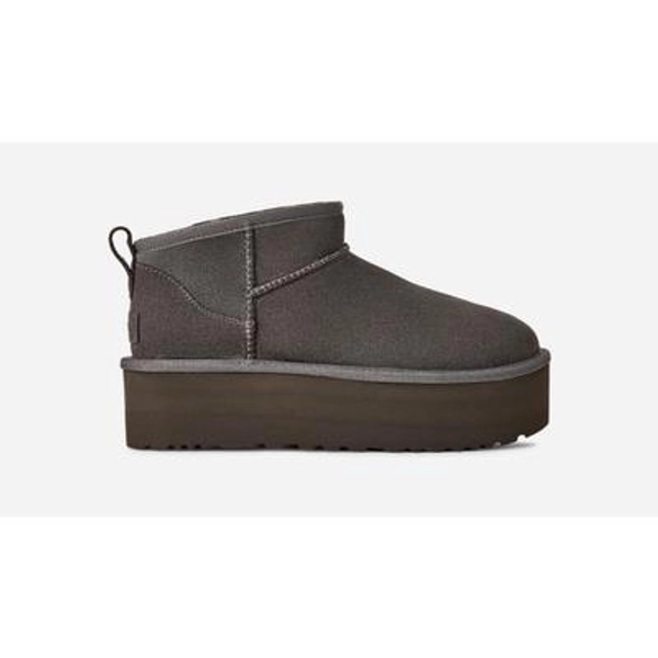 UGG® Women's Classic Ultra Mini Platform Suede Classic Boots in Charcoal, Size 9
