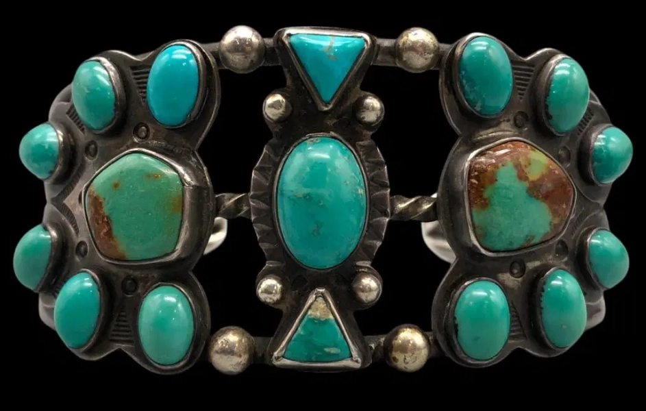 Vintage Natural Turquoise And Sterling Silver Cluster Bracelet