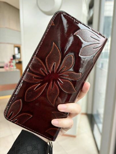Vintage Embossed Floral Long Wallet For Women Elegant Leather Carved Flower Clutch Purse With Phone Slot Multi-Card Holder Coin Pocket Gifts For Women Valentines