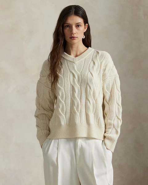 Cable-Knit Wool-Cashmere V-Neck Jumper for Women | Ralph Lauren® PL