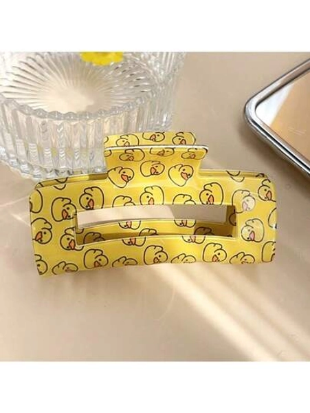 1pc 3.94inch Classic Pattern Of Little Yellow Duck Print Hair Claw Clips ,Hollow Square-Shape Hair Accessories For Women & Girls, Perfect For Ponytails, Updos, Festivals & Gifts Fall Winter Hair Clip For Vacation Outfits Woman