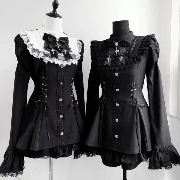 Y2k Aesthetic Lolita Style Bow Dress Shorts Set Japanese Women Gothic Lace Flare Sleeve Button Shirt Dress Punk Party Mini Dress - AliExpress 